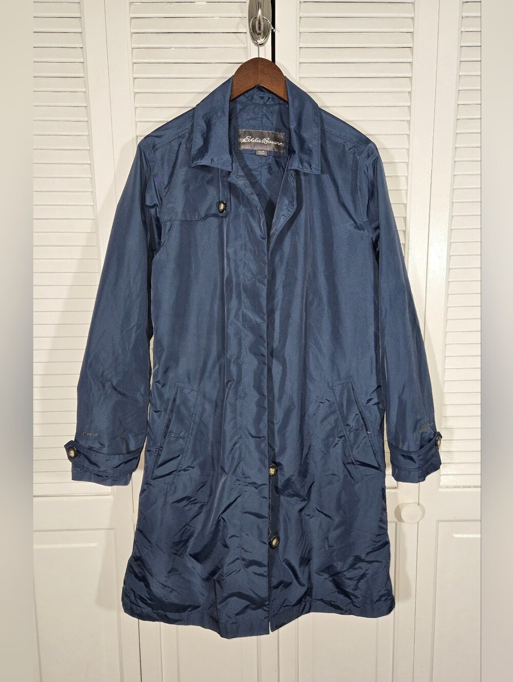 Eddie Bauer Vintage Navy Blue Trench Style Raincoat Button Down Pockets Coat LP